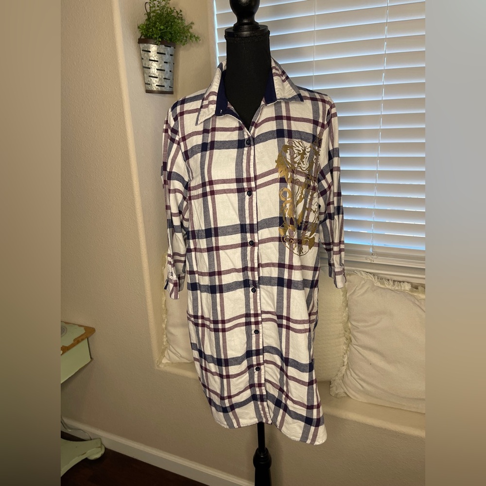 Harry Potter Gryffindor Plaid Flannel Tunic Sleep Shirt Gold Foil Crest